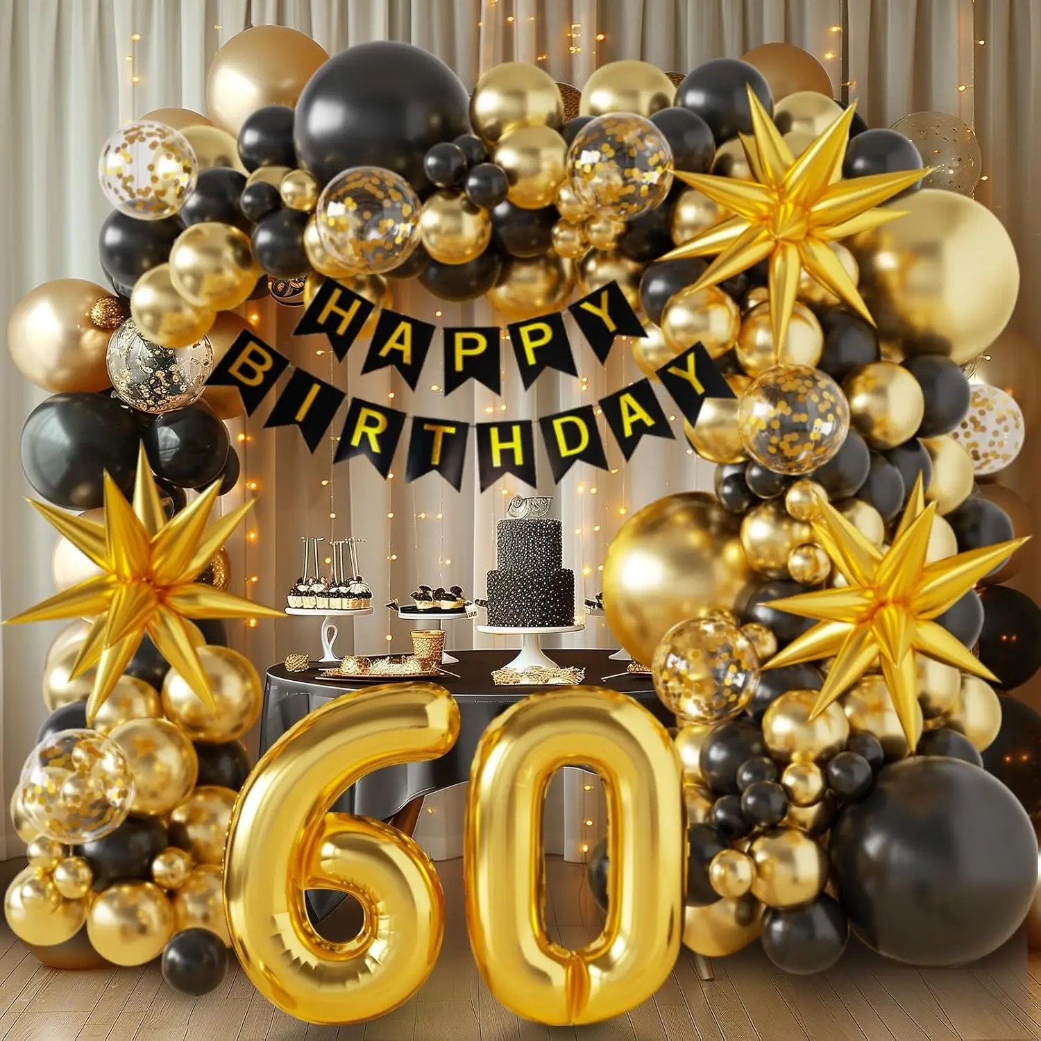 Party Banner Gold - 40./50./60. Geburtstagsdekorationen, Schwarzgold-Ballonbogen-Set, Sternfolienballons, Happy Birthday-Banner
