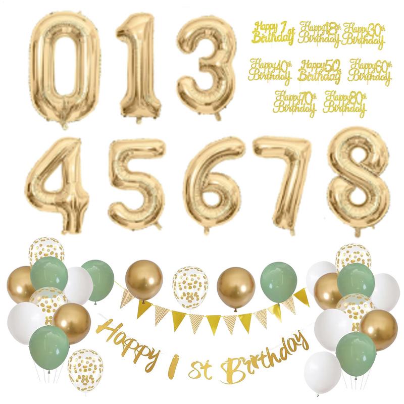 Party Banner Gold - 28-teiliges Geburtstags-Dekorationsset, Folienballon, Grün, Gold, Weiß,