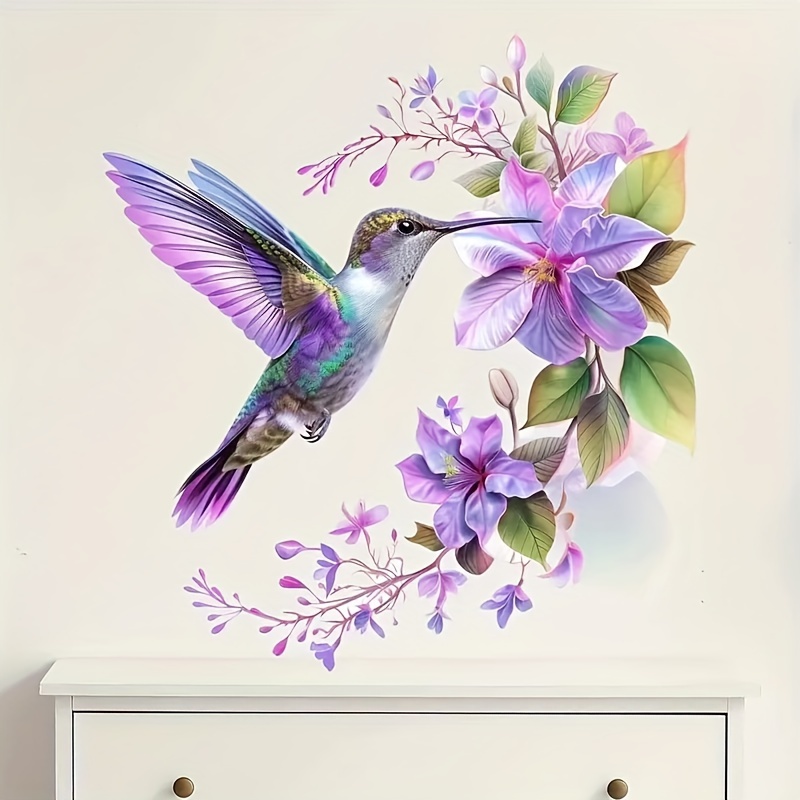 Flower Wall Panel - 1 lila Blumen- und Kolibri-Aufkleber, abnehmbarer