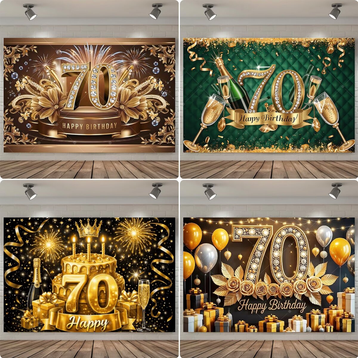 Party Banner Gold - Hintergrund zum 70. Geburtstag, goldfarbener Diamant-Champagner-Ballon-Kuchen-Fotohintergrund,