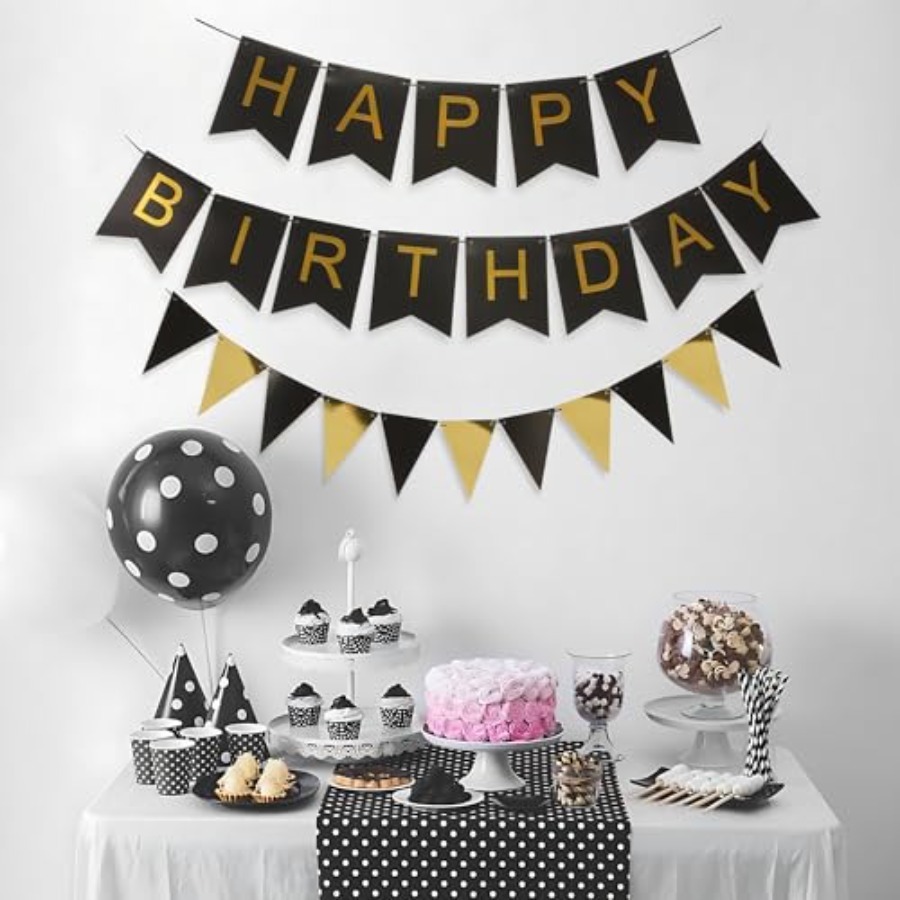 Party Banner Gold - Schwarz-gold gestreiftes Banner mit dreieckigem Fähnchenset